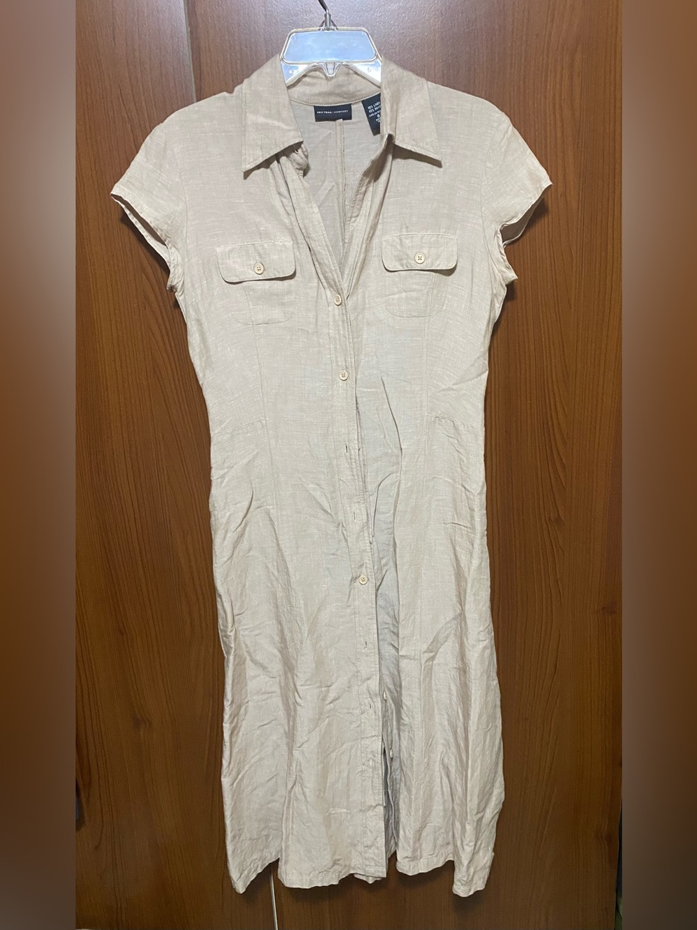 NY & Co Women’s Beige Cream Button-Front Linen Blend Casual Light Shirt Dress